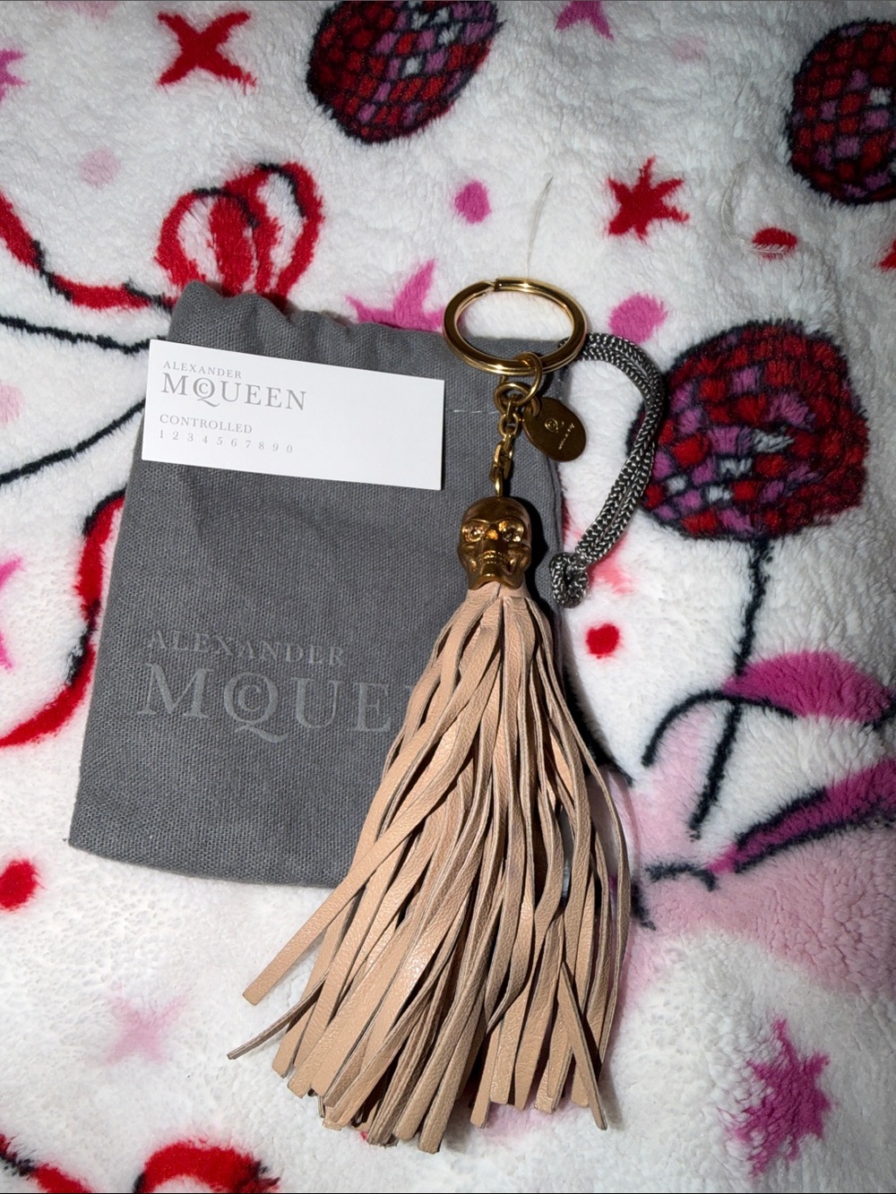 Alexander McQueen Nude Beige Leather Tassel Keyring with Gold Skull